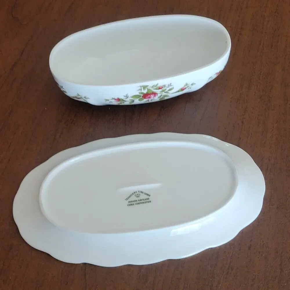 Vintage Johann Haviland Traditions Moss Rose Covered Butter Dish with Gold Trim